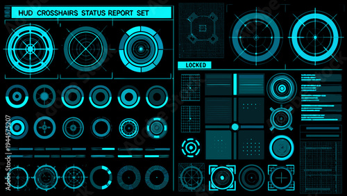 Futuristic heads up display with multiple targeting crosshairs and status indicators