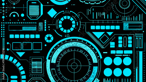 Abstract futuristic interface with glowing cyan lines and geometric shapes