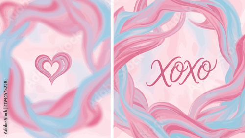 Dreamy fluid art background with swirling pink and blue waves, featuring a heartfelt embrace and XOXO typography for romantic designs