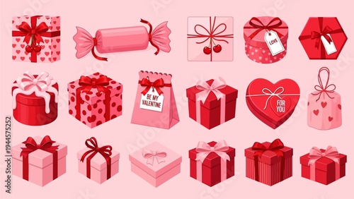 A collection of Valentine's Day gift boxes with ribbons and hearts, including candies and gift tags