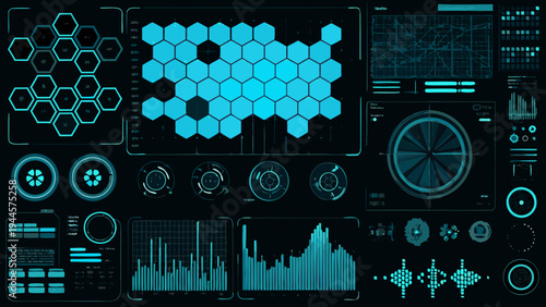 Futuristic user interface with hexagonal grids and data visualizations
