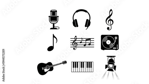Collection of musical instruments and symbols, including microphone, headphones, treble clef, notes, record player, guitar, piano, and spotlight