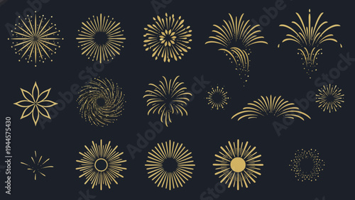 Collection of dynamic golden fireworks and explosion effects vector set. Abstract festive graphic elements for celebration, holiday, and event design projects