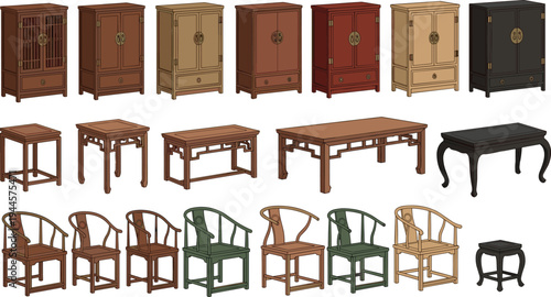 traditional chinese wooden furniture set illustration, classic asian cabinets tables and chairs collection, antique oriental interior decor vector isolated