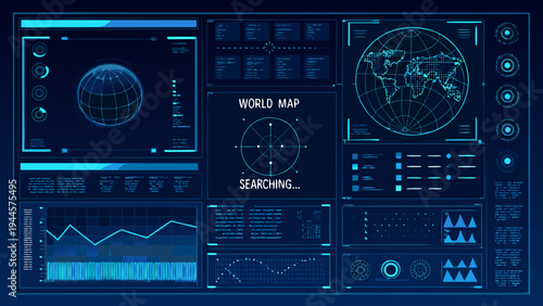 Futuristic interface displaying a world map and various data visualizations