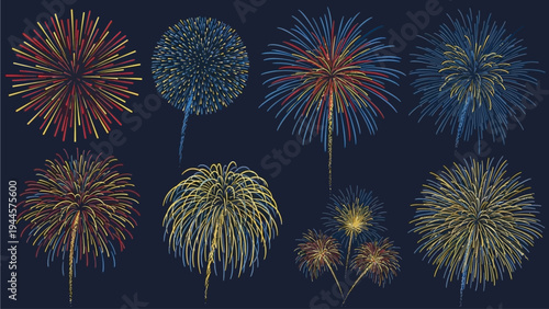 Vibrant array of bursting fireworks illuminating the night sky with festive colors for celebrations and special events