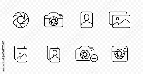 Photography gallery set icon. Camera shutter, photo camera, profile portrait, image stack, media album, add photo, lens device