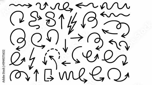 Diverse Set of Hand-Drawn Doodle Arrows, Pointers, and Directional Symbols for Web Design, User Interfaces, and Graphic Illustrations