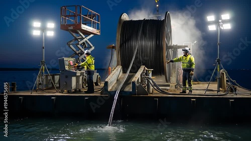 Two engineers working on a floating barge at night, laying a heavy submarine power cable from a large spool into the water using industrial machinery under bright spotlights for an energy project