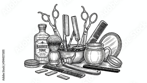 Vintage barber shop tools and accessories set. Hand-drawn engraving style illustration of professional grooming equipment for hairdressers and stylists