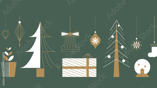 Festive Christmas Holiday Decoration Elements on a Green Background