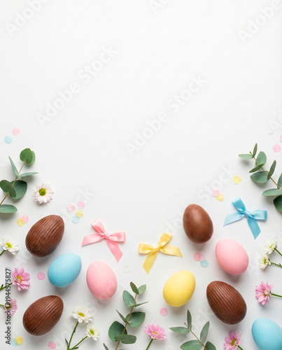 Vertical Easter border with pastel eggs chocolate eggs bows and flowers