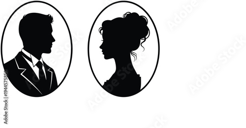 vintage male and female silhouette portraits illustration, elegant profile avatars in oval frames, classic cameo style people icons isolated vector