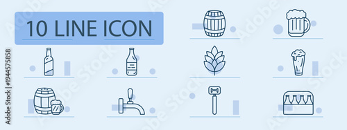 Brewery set icon. Bottle, barrel, mug, hops, tap, opener, pack, lager, alcohol, beverage, pub, craft, drink, foam, brewing, production