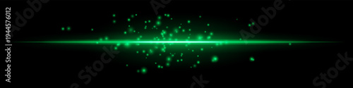 White glowing horizon particles composition. Bright horizontal light line, scattered spark dots above, radiant center, dark gradient backdrop, luminous atmosphere, floating shimmer texture