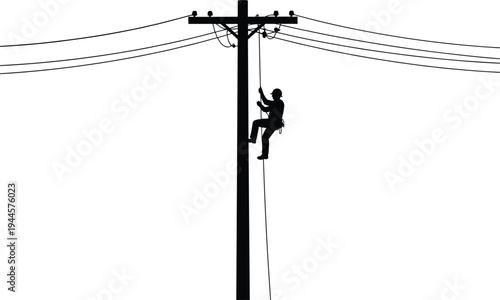 Silhouette of electrician lineman climbing utility pole performing power line maintenance and electrical grid repair energy infrastructure worker servicing overhead cables at sunset sky background