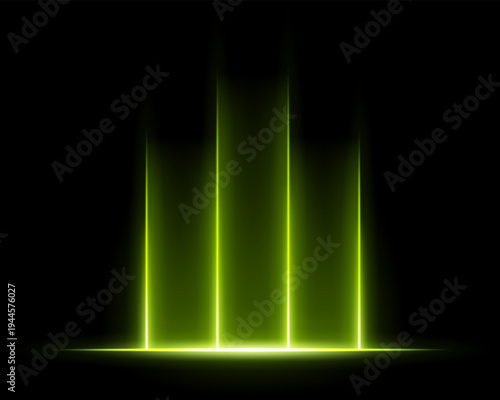Bright vertical light beams composition. Four glowing columns rising from bright horizontal base line, soft radiant gradients, dark backdrop, minimal stage atmosphere, warm luminous illumination