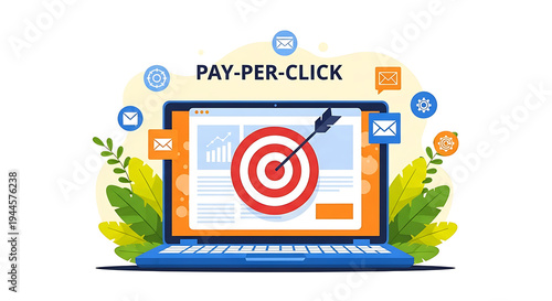 An illustration depicts a laptop screen displaying a target with an arrow hitting the bullseye surrounded by digital marketing icons and graphs in a colorful scene.