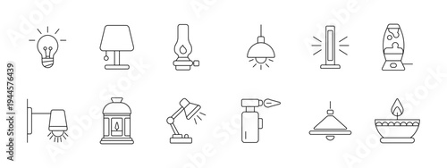Lighting set icon. Collection with bulb, table, oil, pendant light, floor, lava lamp, wall sconce, lantern, desk, gas torch, ceiling light, candle bowl.