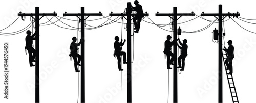 Silhouette of electrician linemen climbing utility poles repairing overhead power lines, electrical workers performing maintenance on energy distribution grid infrastructure with safety equipment