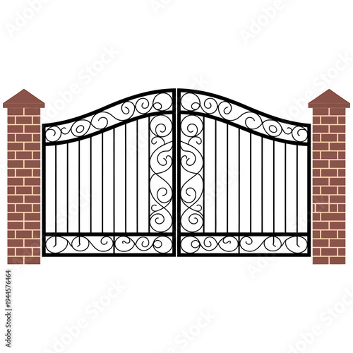 Ornate wrought iron gate with brick pillars and swirl design  entrance