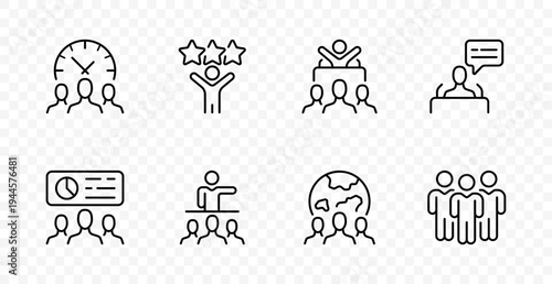 Leadership community set icon. Time control team, rating success, audience winner, public speaking, report sharing, global people, group unity