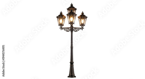 Ornate four-lamp street light isolated PNG on transparent background, vintage outdoor lighting fixture for parks and urban design