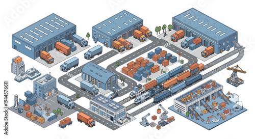 Pixel Art Logistics Hub: Isometric View of Warehouses, Trains, Trucks, and Cargo