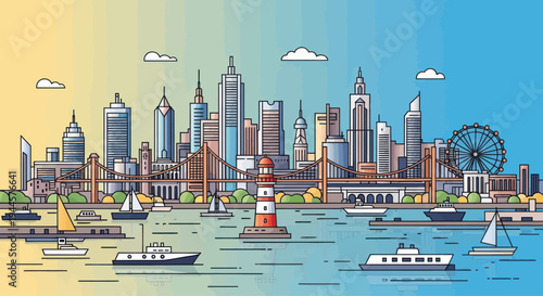 Modern City Skyline with Harbor and Boats, Vibrant Flat Design