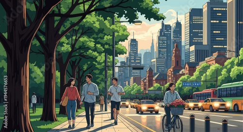 Urban park pathway with city skyline, people walking, jogging, cycling, and traffic