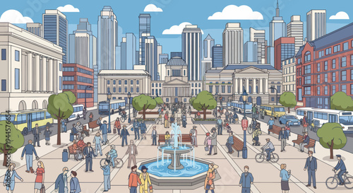 Bustling City Square with People, Fountain, and Architecture