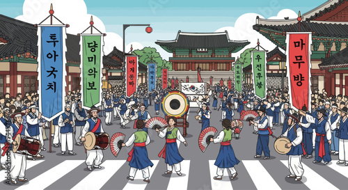 Korean Traditional Festival Parade with Dancers and Musicians