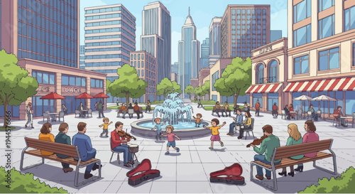 People enjoying a sunny day in a vibrant city plaza with street musicians and fountain