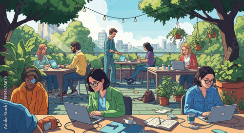 Diverse team working outdoors on laptops on a rooftop garden with city view