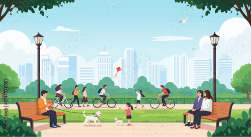 People enjoying a sunny day in a city park, cycling, walking, and relaxing