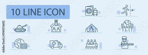 Refugee crisis set icon. War conflict, shelter tent, passport control, border crossing, ambulance, humanitarian aid, evacuation ship, global support, migration, international protection.