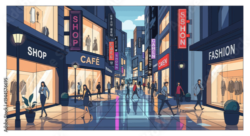 Pixel Art City Street with Shops and People Walking at Dusk