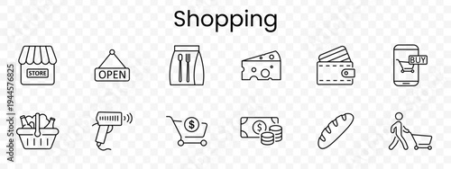 Shopping set icon. Outline retail symbols, store facade, open sign, apron, cheese, wallet cards, mobile buy, basket groceries, barcode scanner, cart dollar, banknote coins, bread, customer trolley