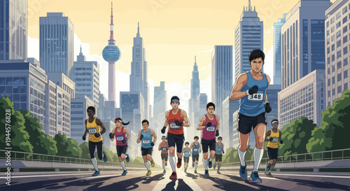Diverse Marathon Runners Compete in Urban Cityscape at Sunrise