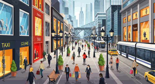 Busy City Street with Shoppers, Trams, and Modern Architecture