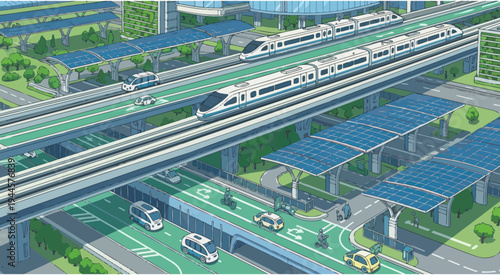 Futuristic eco-city with solar-powered trains and autonomous vehicles