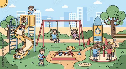 Children Playing on Playground Equipment, Slides, Swings, Sandbox, Merry-Go-Round, Daytime