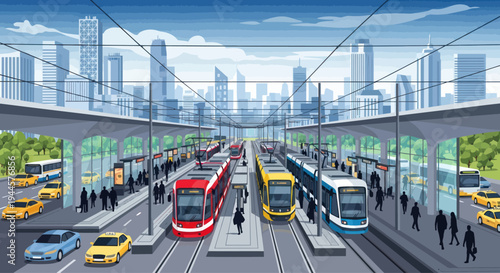 Modern City Tram Station with Multiple Trams, Taxis, Buses and Pedestrians