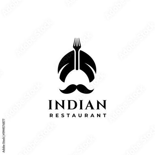 Indian restaurant, Indian turban icon and mustache with cutlery fork in flat logo design style suitable for restaurants, food and anything that smells of India