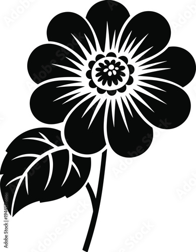 Black and white of a stylized flower with detailed petals and a single leaf 1