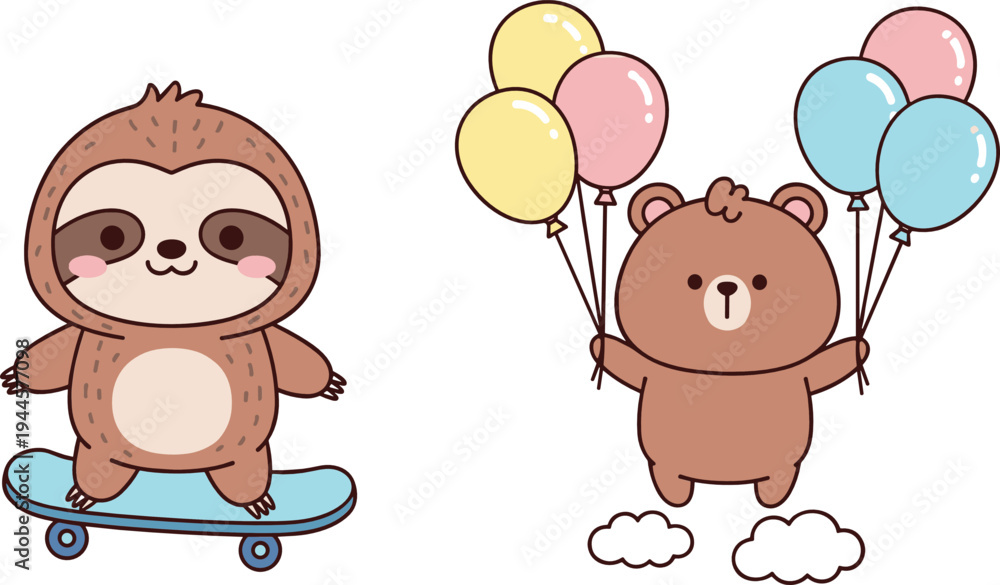 Obraz premium Cute cartoon sloth skateboarding and bear holding colorful balloons vector illustration set for kids nursery design and playful characters