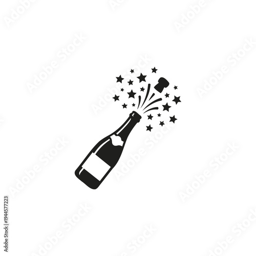 Champagne bottle with celebratory stars and confetti popping from its top