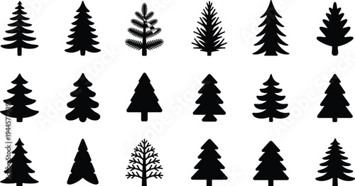 Collection of black and white tree with various shapes and styles silhouette forest