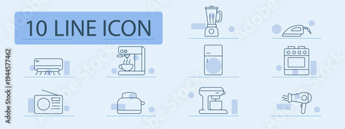 Kitchen appliance set icon. Blender, iron, air conditioner, coffee machine, refrigerator, oven, radio, toaster, mixer, hair dryer. Cooking, household, home equipment, domestic technology.