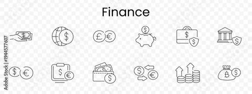Finance set icon. Cash, globe, currency, piggybank, briefcase, bank, exchange, wallet, transfer, growth, moneybag, savings, investment, economy, security
